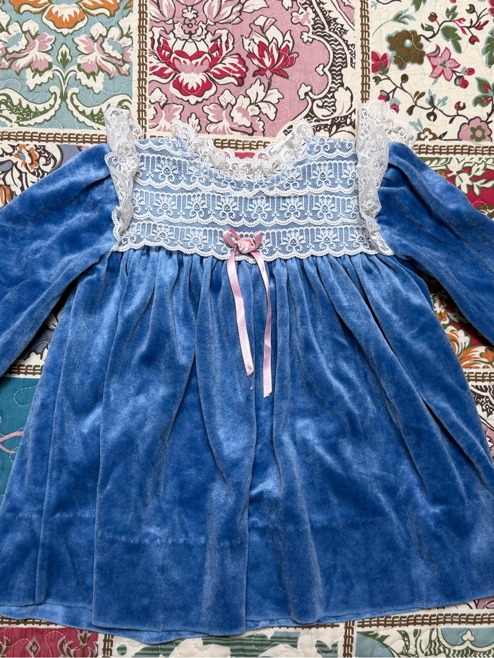 Vtg 70s Faye’s Fantasies Blue Velvet Lace Toddler Dress 3T Coquette Prairie
